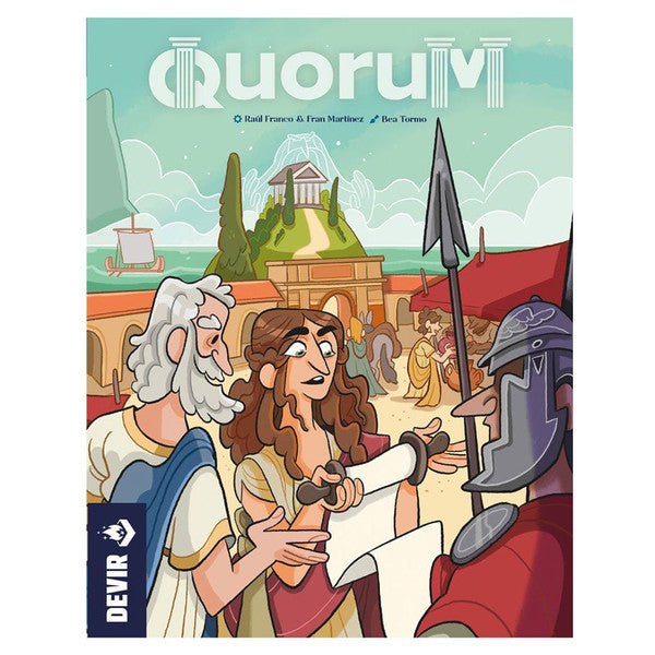 Quorum - Colorful board game box cover featuring ancient Greek-style characters, scroll, spear, and temple background.