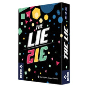 The Lie - Rectangular card game box titled The Lie with colorful geometric shapes on a black background.