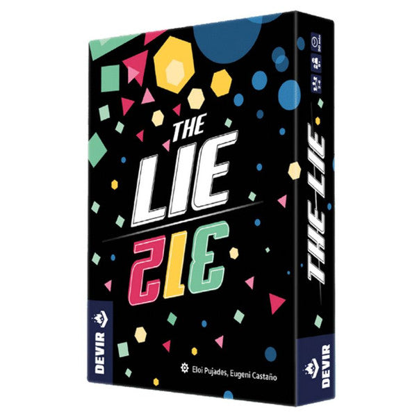 The Lie - Rectangular card game box titled The Lie with colorful geometric shapes on a black background.