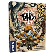 Tinco - Tinco card game box featuring a colorful tribal-style illustration with a central blue-skinned figure wearing beads and.