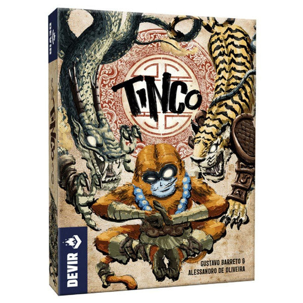 Tinco - Tinco card game box featuring a colorful tribal-style illustration with a central blue-skinned figure wearing beads and.