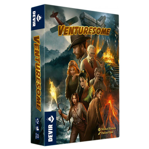 Venturesome - Card game box with illustrated adventurers in fantasy setting, dark tones with fiery and mystical elements.