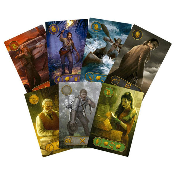 Venturesome - Seven illustrated trading cards featuring diverse characters in fantasy settings, each with unique symbols and numbered.