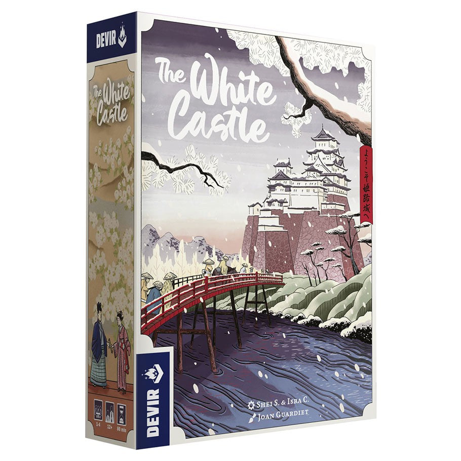 The White Castle - Board game box featuring an illustrated white Japanese-style castle on a snowy cliff with a red bridge over a river in the.