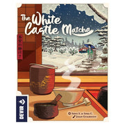 The White Castle: Matcha expansion - Board game expansion box with a snowy Japanese garden scene, steaming tea cup, and matcha tea elements.