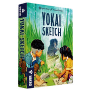 Yokai Sketch - Yokai Sketch game box with colorful illustration of two children sketching a furry creature in tall green grass.
