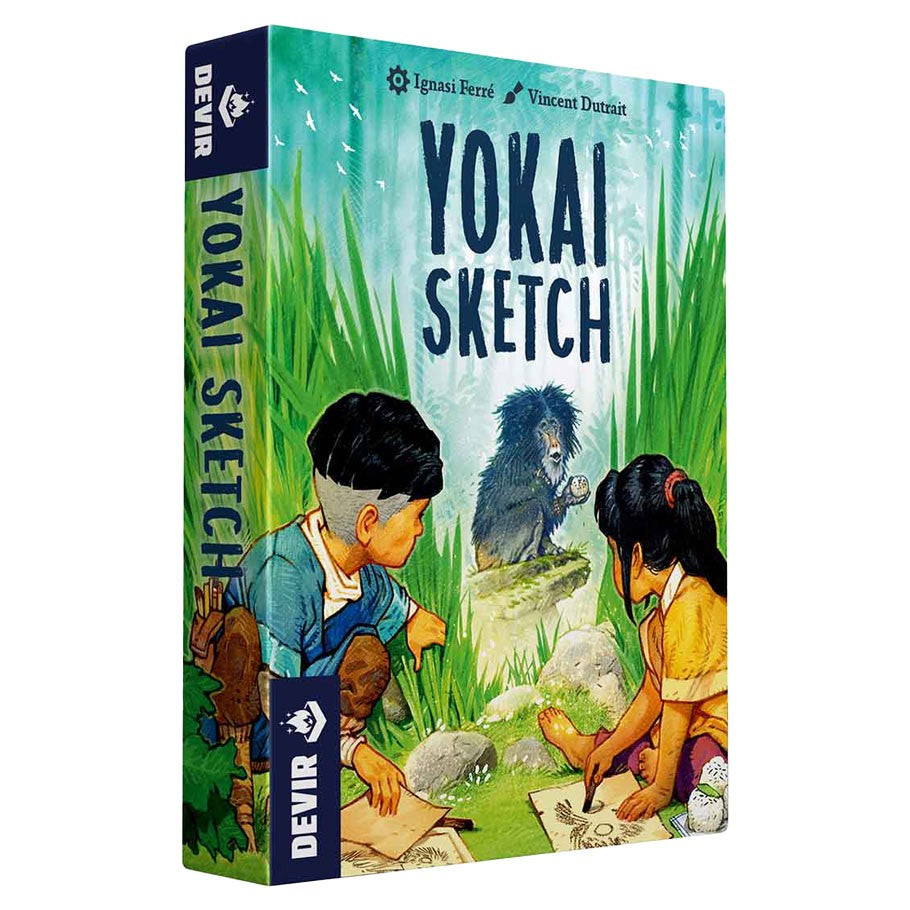 Yokai Sketch - Yokai Sketch game box with colorful illustration of two children sketching a furry creature in tall green grass.