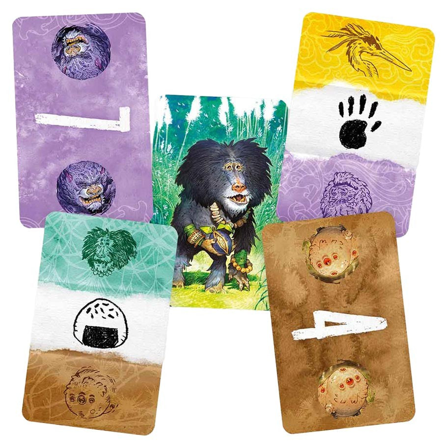Yokai Sketch - Colorful Yokai Sketch game cards with various numbers, mystical creatures, handprints, and unique symbols on textured.