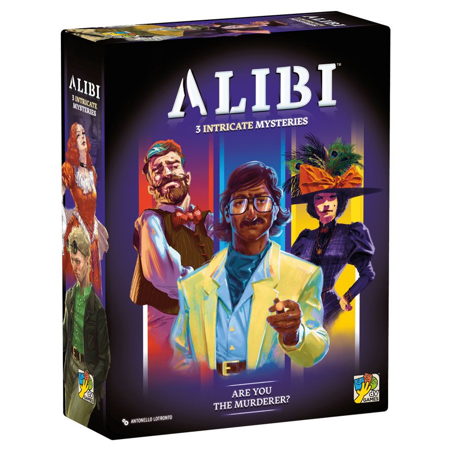 Alibi - Alibi party game box with colorful illustrated characters and bold white title on dark background.