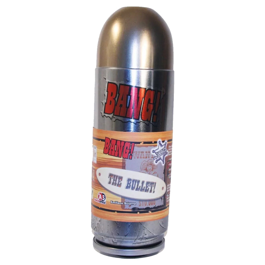 Bang!: The Bullet - Silver metallic bullet-shaped container with red "BANG!" text and orange label for party game.