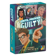 Until Proven Guilty - Colorful rectangular box featuring illustrated characters in courtroom and prison settings for cooperative board game Until.