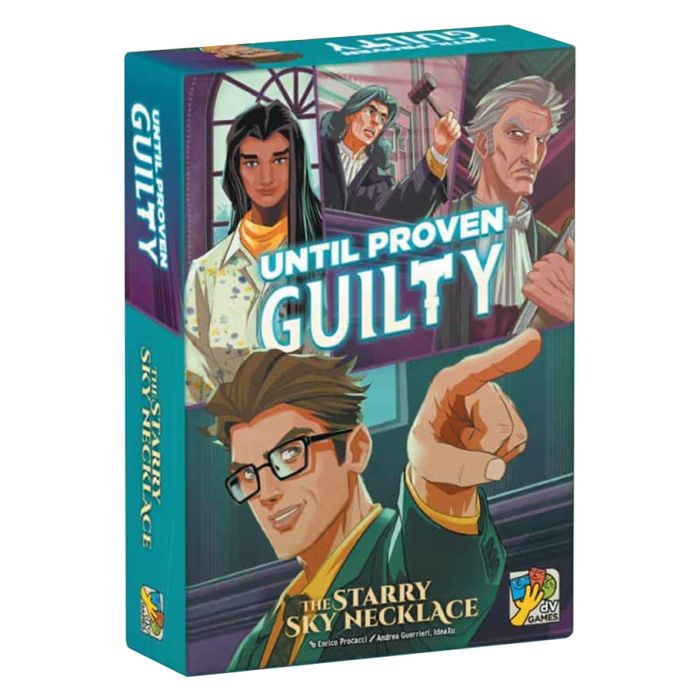 Until Proven Guilty - Colorful rectangular box featuring illustrated characters in courtroom and prison settings for cooperative board game Until.
