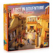 Lost in Adventure: The Labyrinth - Square board game box with ancient maze artwork featuring stone buildings, stairs, and statues in warm orange and brown.