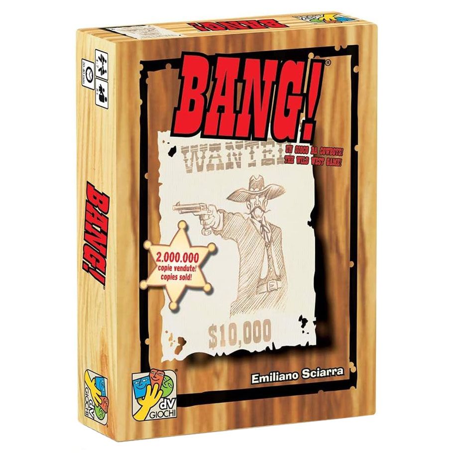 Bang! 4E - Bang! 4E party game box with wooden crate design, sheriff badge, and vintage outlaw poster illustration.