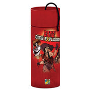Bang!: Dice Explosion - Tall cylindrical red fabric dice bag with black drawstring and colorful Wild West-themed cartoon characters on the front.
