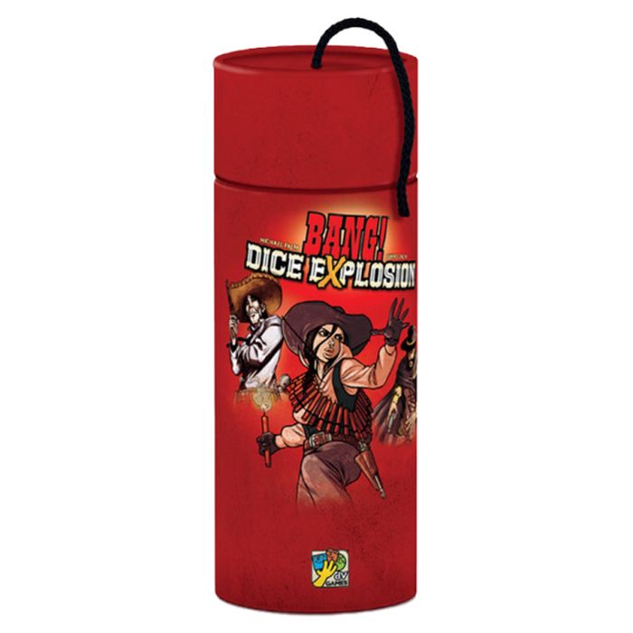 Bang!: Dice Explosion - Tall cylindrical red fabric dice bag with black drawstring and colorful Wild West-themed cartoon characters on the front.