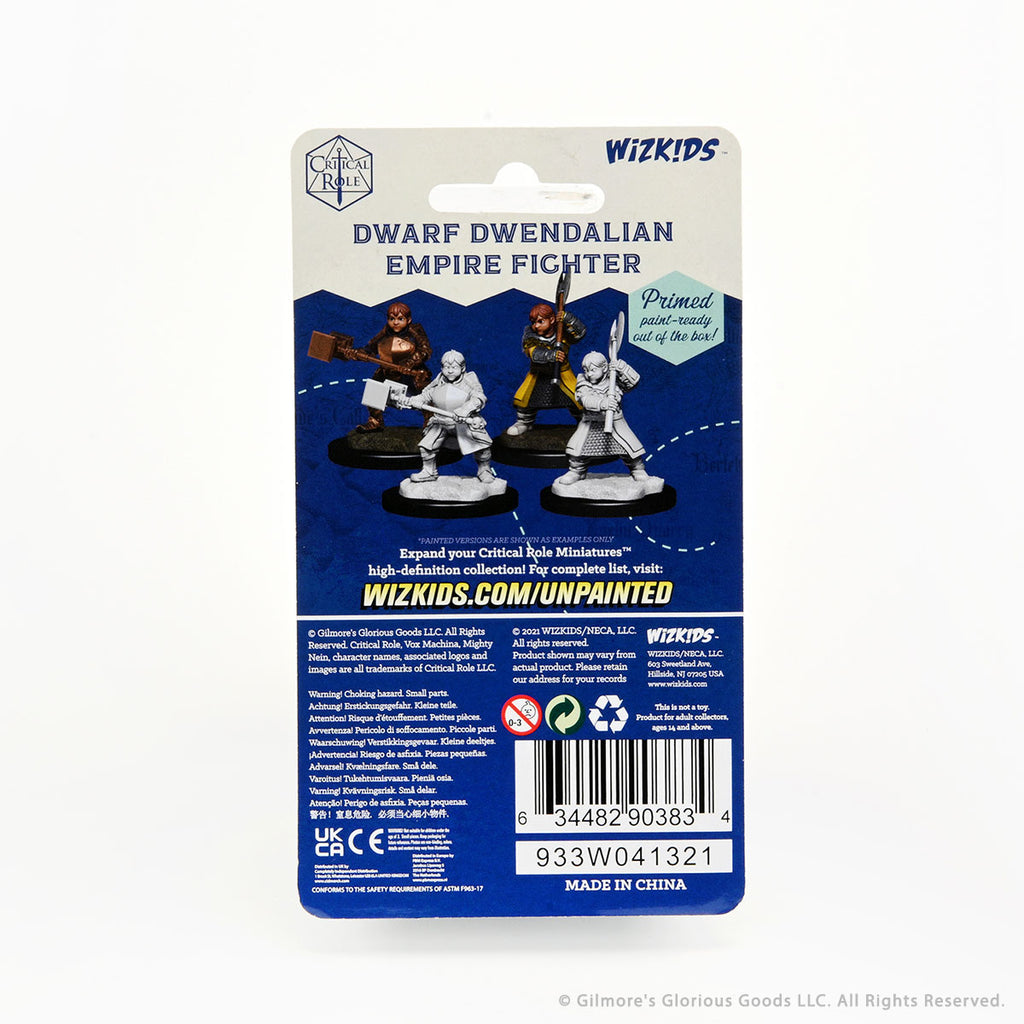 Critical Role Mini: Dwarf Dwendalian Fighter Female - Two unpainted dwarf fighter miniatures on black bases, one male and one female, in fantasy armor with weapons.