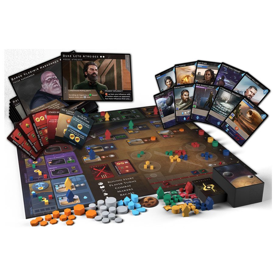 Dune: Imperium - Imperium board game with illustrated character cards, colorful tokens, and a detailed desert-themed game board.