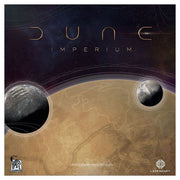 Dune: Imperium - Board game box with a dark space background, featuring a sand-colored planet surface and two smaller moons.