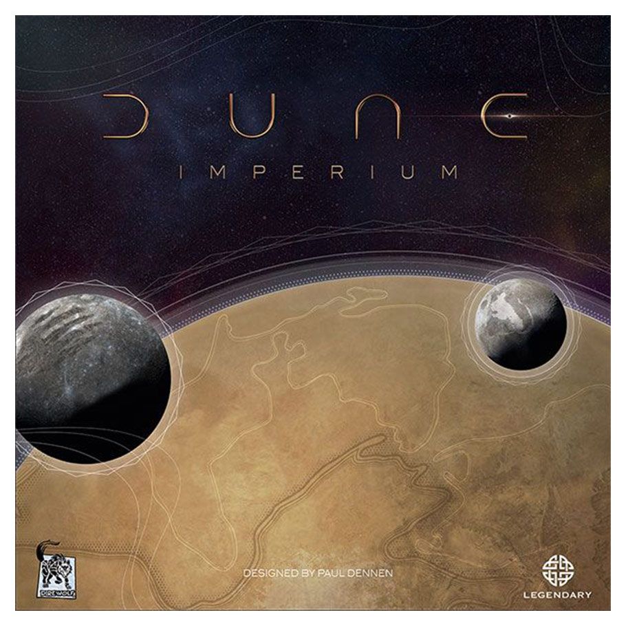 Dune: Imperium - Board game box with a dark space background, featuring a sand-colored planet surface and two smaller moons.