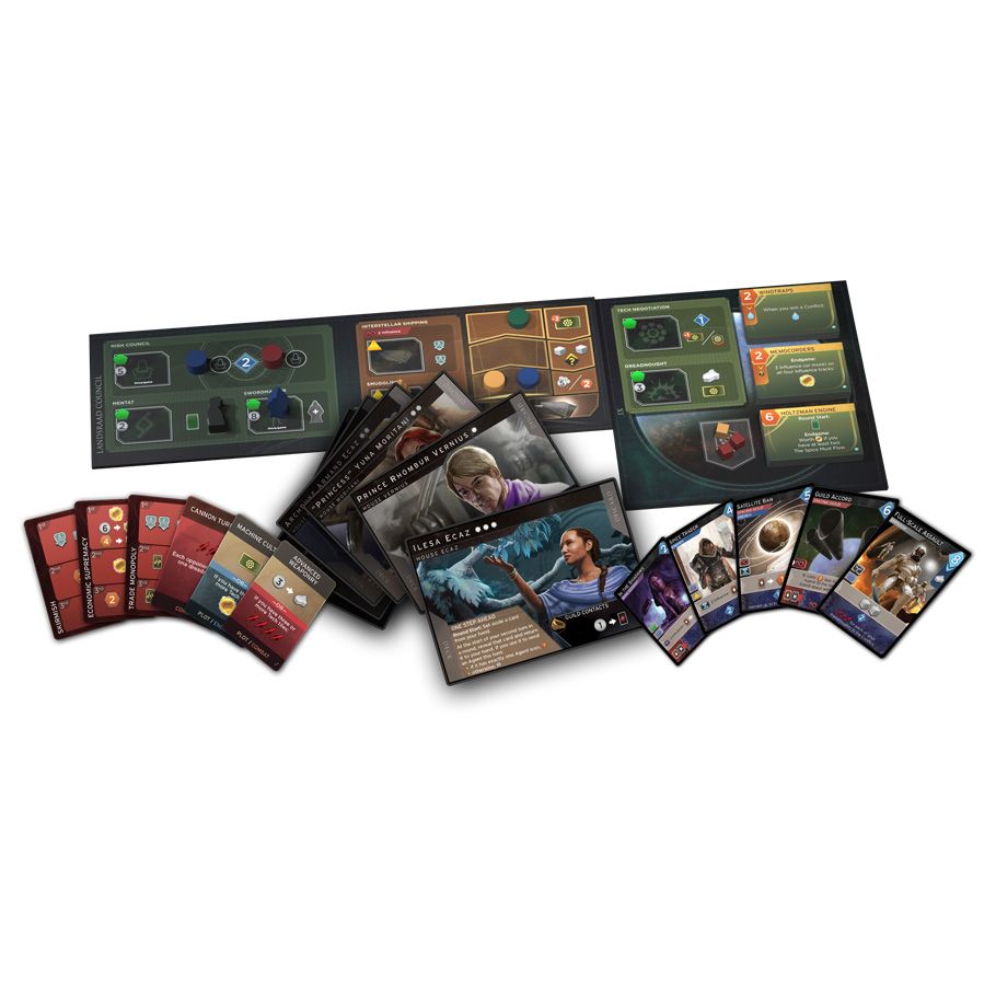 Dune: Imperium: Rise of Ix Expansion - Board game expansion components featuring character cards with sci-fi artwork, player boards with icons, and resource cards.