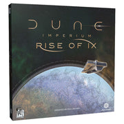 Dune: Imperium: Rise of Ix Expansion - Dune Imperium Rise of Ix expansion box with dark green and black background, metallic gold text, and a sci-fi spaceship.
