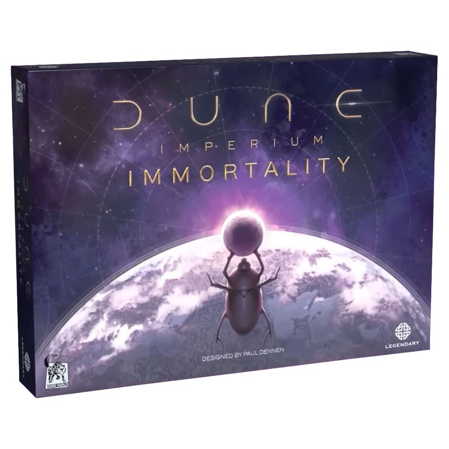 Dune: Imperium: Immortality Expansion - Dark purple board game box with glowing planet and a futuristic beetle figure, titled Dune Imperium Immortality Expansion.