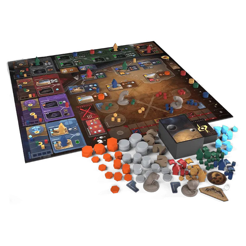 Dune: Imperium: Uprising - Imperium: Uprising game board with colorful cards, orange and blue tokens, gray and brown figurines, and a black dice box.