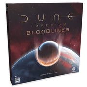Dune: Imperium: Bloodlines - Dark red and black square game box with a planet and metallic capsule, titled Dune Imperium Bloodlines expansion.