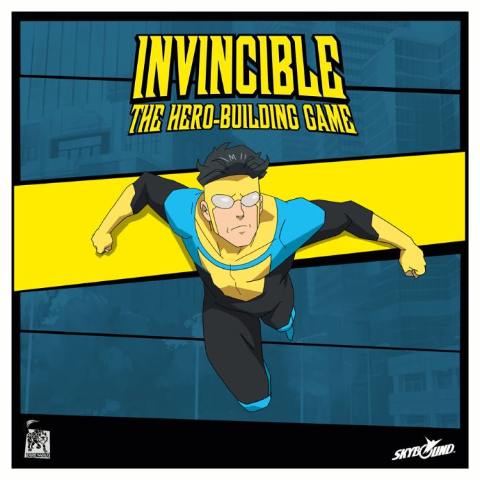 Invincible: The Hero-Building Game - Board game cover with a male superhero in blue and yellow costume flying forward against a dark cityscape background.