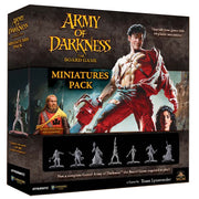 Army of Darkness: The Board Game - Miniature Expansion (PREORDER) - Boxed Army of Darkness board game miniature expansion featuring illustrated hero and seven gray unpainted plastic miniatures.