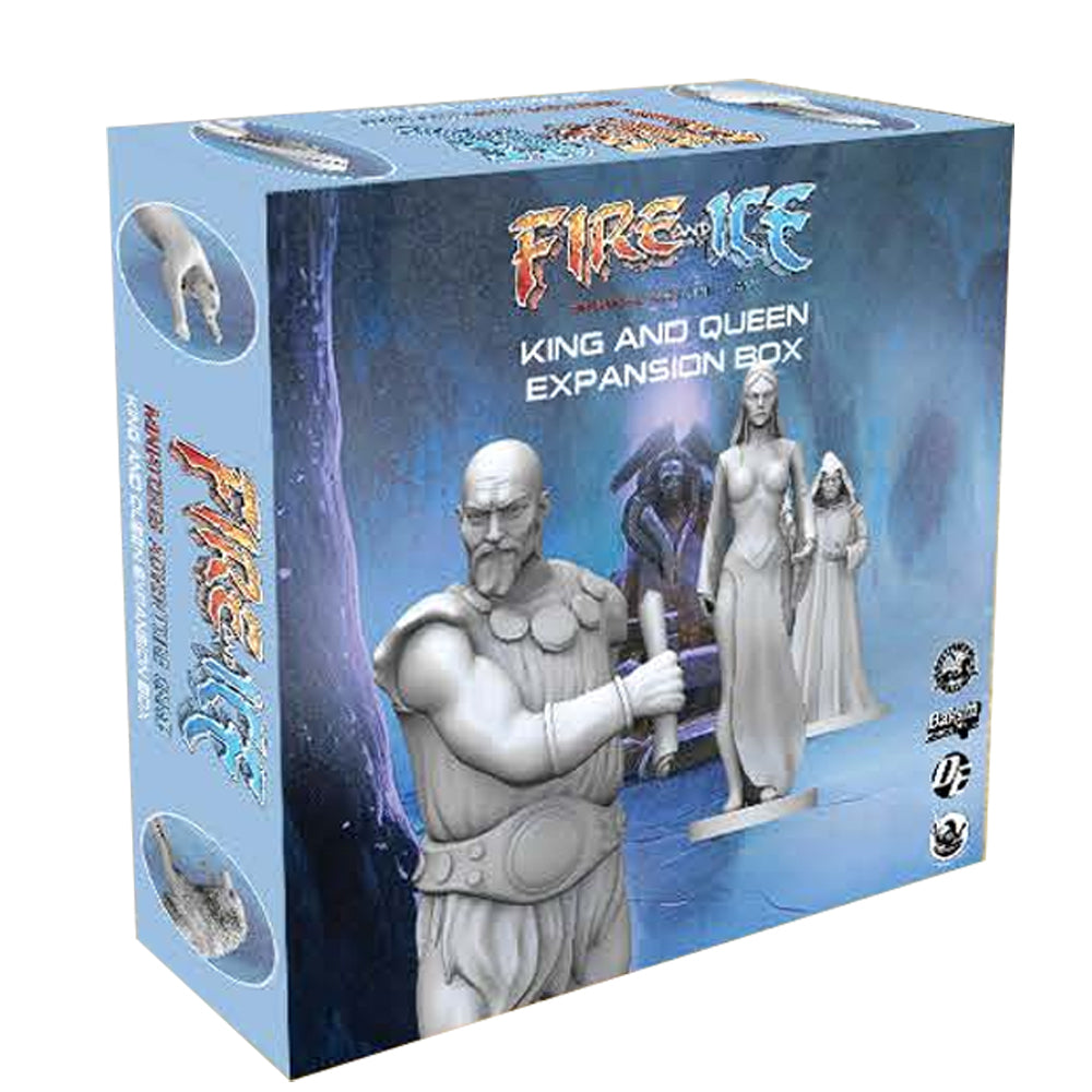 Frazetta Fire and Ice Miniatures Adventure Game - King and Queen Expansion - Blue box featuring fantasy miniatures of a muscular armored king and robed queen from Fire and Ice expansion game.