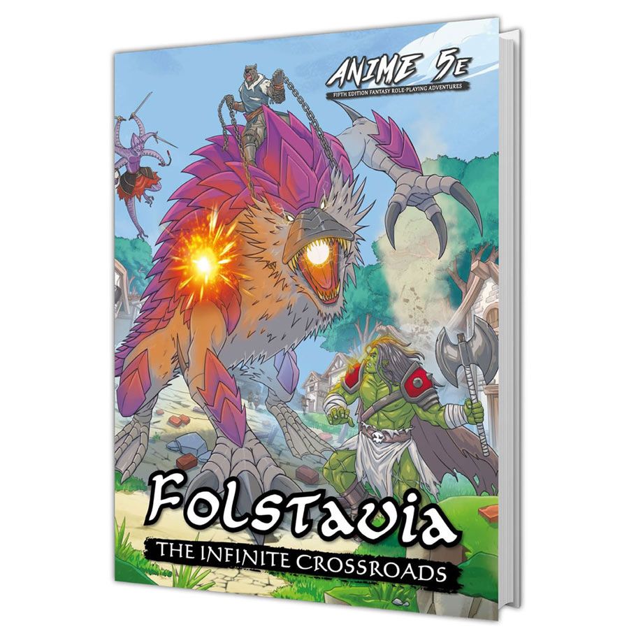 D&D 5E: Anime 5E: Folstavia The Infinite Crossroads - Softcover book with colorful anime-style fantasy artwork featuring a large, bird-like creature and warriors, titled.