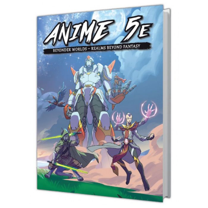 D&D 5E: Anime 5E: Beyonder Worlds - Realms Beyond Fantasy - Softcover book with vibrant anime-style fantasy art featuring three dynamic characters in battle poses against a sky.