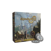Sprocketforge - Sprocketforge board game box with medieval village artwork and detailed silver gear tokens stacked in front.