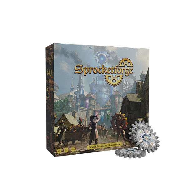 Sprocketforge - Sprocketforge board game box with medieval village artwork and detailed silver gear tokens stacked in front.