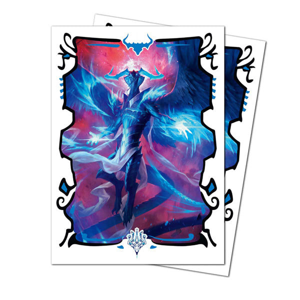 Apex Deck Protectors - Tarkir Dragonstorm - Ugin, Eye of the Storms (105ct) - Card sleeves featuring a blue and purple dragon with glowing eyes framed by ornate black borders, designed for collectible.