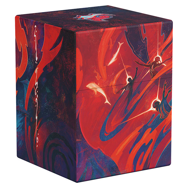 Ultimate Guard Boulder 100+: Secrets of Strixhaven - Prismari (PREORDER) - Rectangular card storage box with vibrant red, blue, and black abstract Prismari-themed artwork and stylized magical flames.