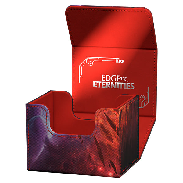 Ultimate Guard Sidewinder 100+ Xenoskin: Magic the Gathering: Edge of Eternities - Kavaron, Memorial World - Red and purple rigid deck box with cosmic design, "Edge of Eternities" logo inside lid, angled front cutout for card access.