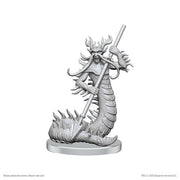D&D Nolzur's Marvelous Miniatures: Classic Salamander - Unpainted gray plastic salamander miniature with segmented body, clawed arms, and holding a long staff.