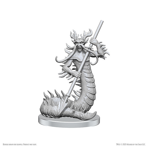 D&D Nolzur's Marvelous Miniatures: Classic Salamander - Unpainted gray plastic salamander miniature with segmented body, clawed arms, and holding a long staff.