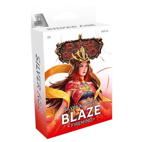 Flesh and Blood TCG: Silver Age Chapter 3 Deck - Blaze (PREORDER) - Flesh and Blood Silver Age Chapter 3 Blaze deck box featuring fiery red and orange artwork of a female warrior with long.