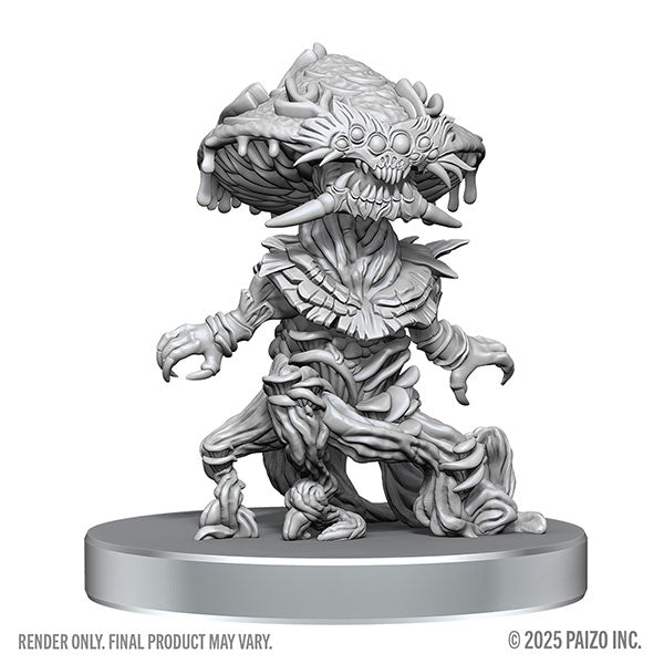 Pathfinder Battles Deep Cuts Miniatures: Fungus Leshy and Seaweed Leshy (PREORDER) - Gray resin miniature of a monstrous fungus creature with a wide, toothy mouth, multiple eyes, vine-like limbs, and an.
