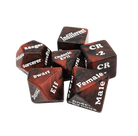 Dungeon Helper Dice: Character Creator - Set of dark red polyhedral dice with white text featuring Dungeons & Dragons character traits and classes like Male, Female,