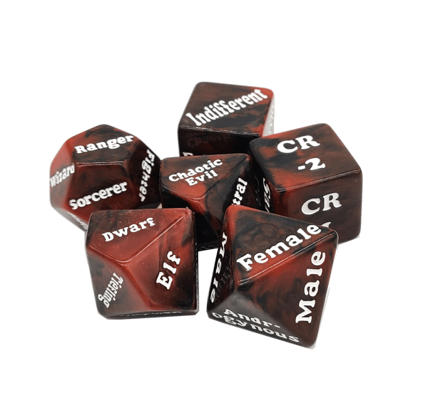 Dungeon Helper Dice: Character Creator - Set of dark red polyhedral dice with white text featuring Dungeons & Dragons character traits and classes like Male, Female,