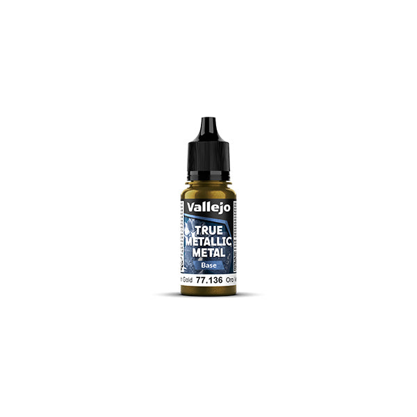 Vallejo True Metallic Metal Base: Greenish Gold (18ml) - Small plastic bottle of Vallejo True Metallic paint in greenish gold with black twist cap and blue-white label.