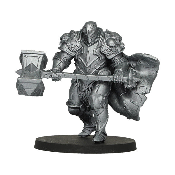 Vallejo True Metallic Metal Light: Obsidian Black (18ml) - Metallic black armored warrior miniature holding a large hammer and standing on a round base.