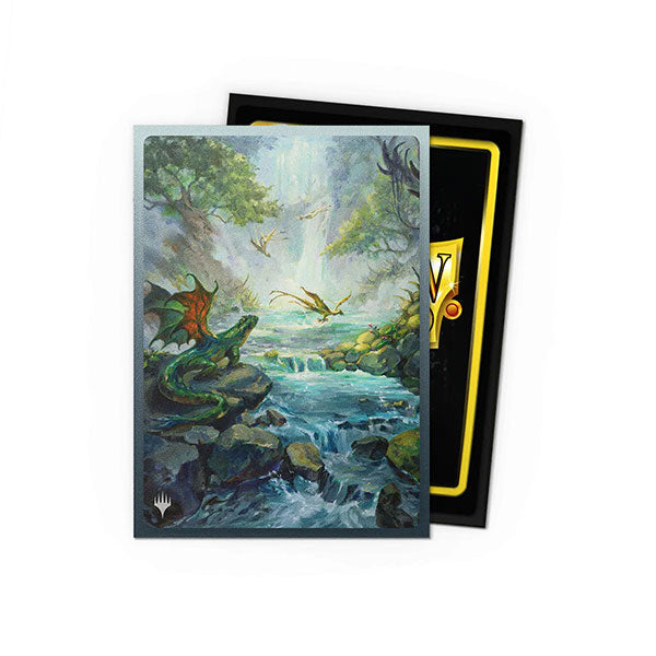 Dragon Shield Standard Dual Matte Art Sleeves 100ct - MTG Landfall Series - Misty Rainforest (PREORDER) - Matte card sleeves featuring fantasy forest scene with dragon and flying creatures by misty river.