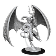 D&D Nolzur's Marvelous Miniatures: Horned Devil - Gray plastic miniature of a muscular horned devil with large bat-like wings, holding a trident, posed on a round base.
