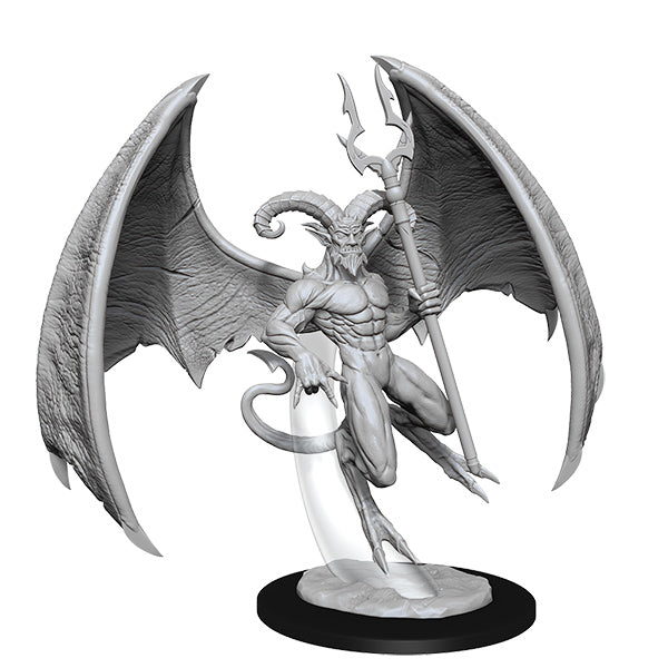 D&D Nolzur's Marvelous Miniatures: Horned Devil - Gray plastic miniature of a muscular horned devil with large bat-like wings, holding a trident, posed on a round base.